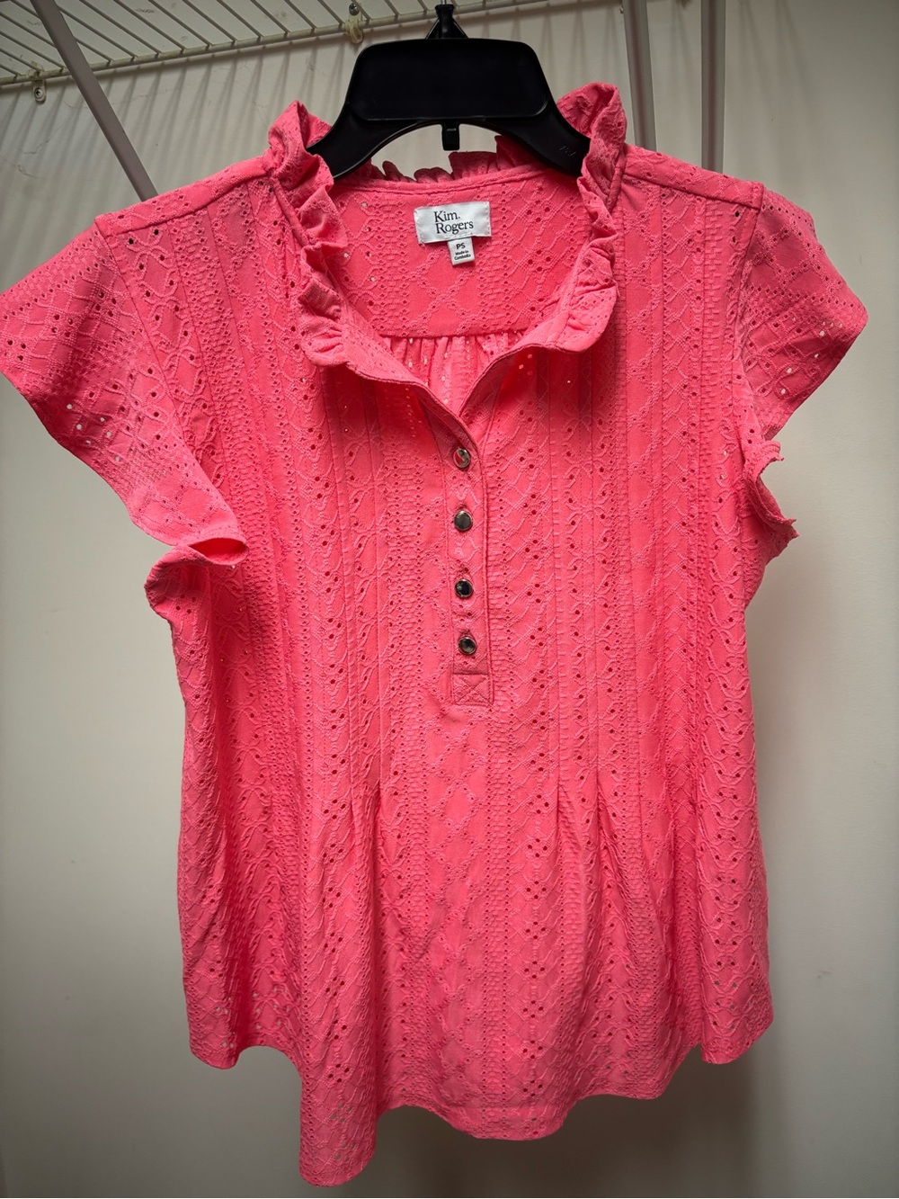 Kim Rogers Coral Eyelet Ruffle Collar Short Sleeve Top